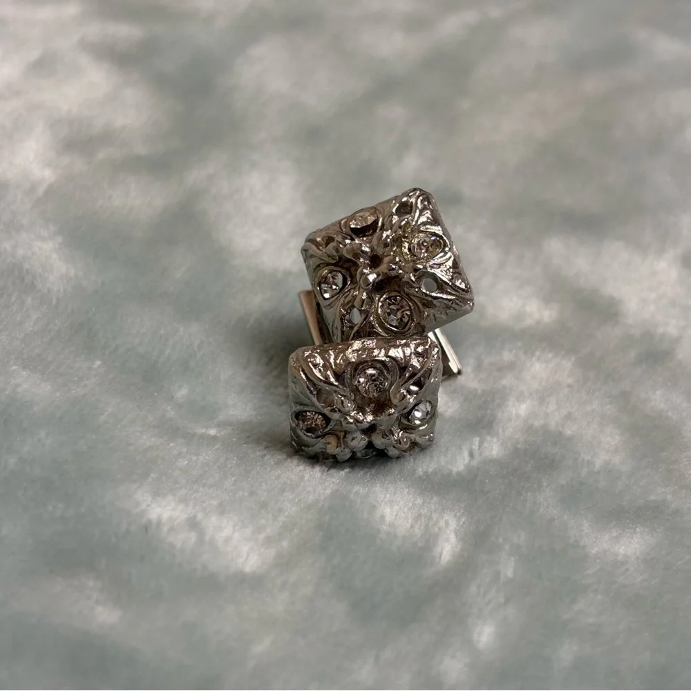 Vintage Silver-Tone Cufflinks Textured Hammered Surface Clear Rhinestones MCM